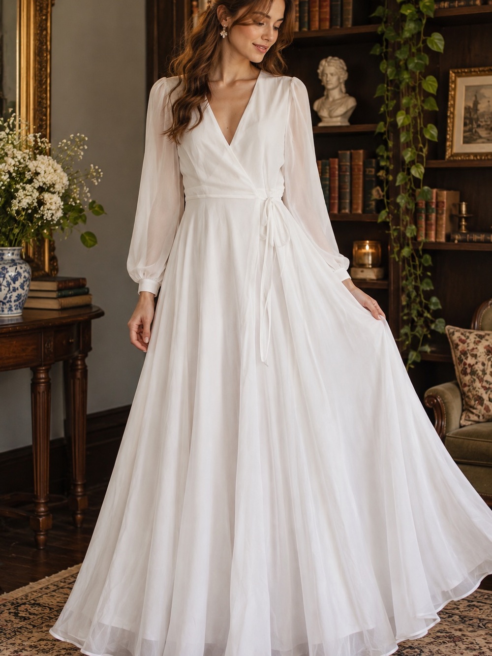 Lulus Ivory White Chiffon Wrap Maxi Dress Size M Bridal Wedding Gown